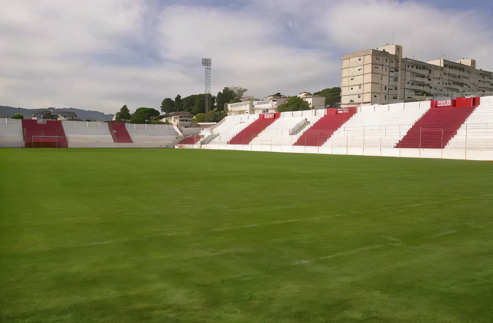 Arafed football stadium with red and white grandstand and green field, stadium, art deco stadium, stadium setting, football stadium, clip stadio, view from ground level, ground level view, vista para o solo, stadium landscape, view from the ground, historical setting, view from the ground, arredores da cidade, Vallejo, courtyard, gui guimaraes