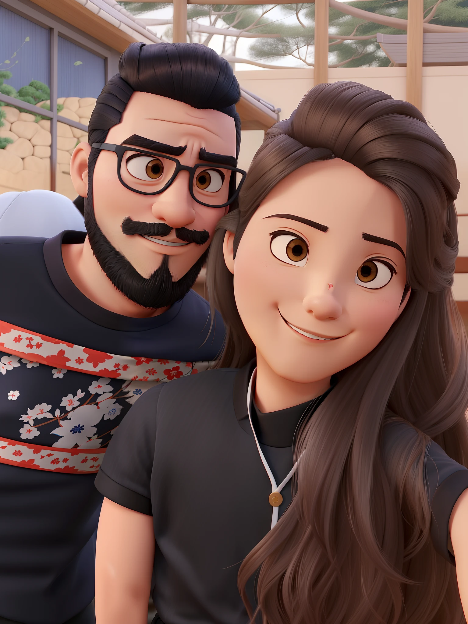 Casal (homem japones cabelo liso e preto e mulher branca com cabelo ondulado loiro escuro) no estilo Disney Pixar, alta qualidade, melhor qualidade.