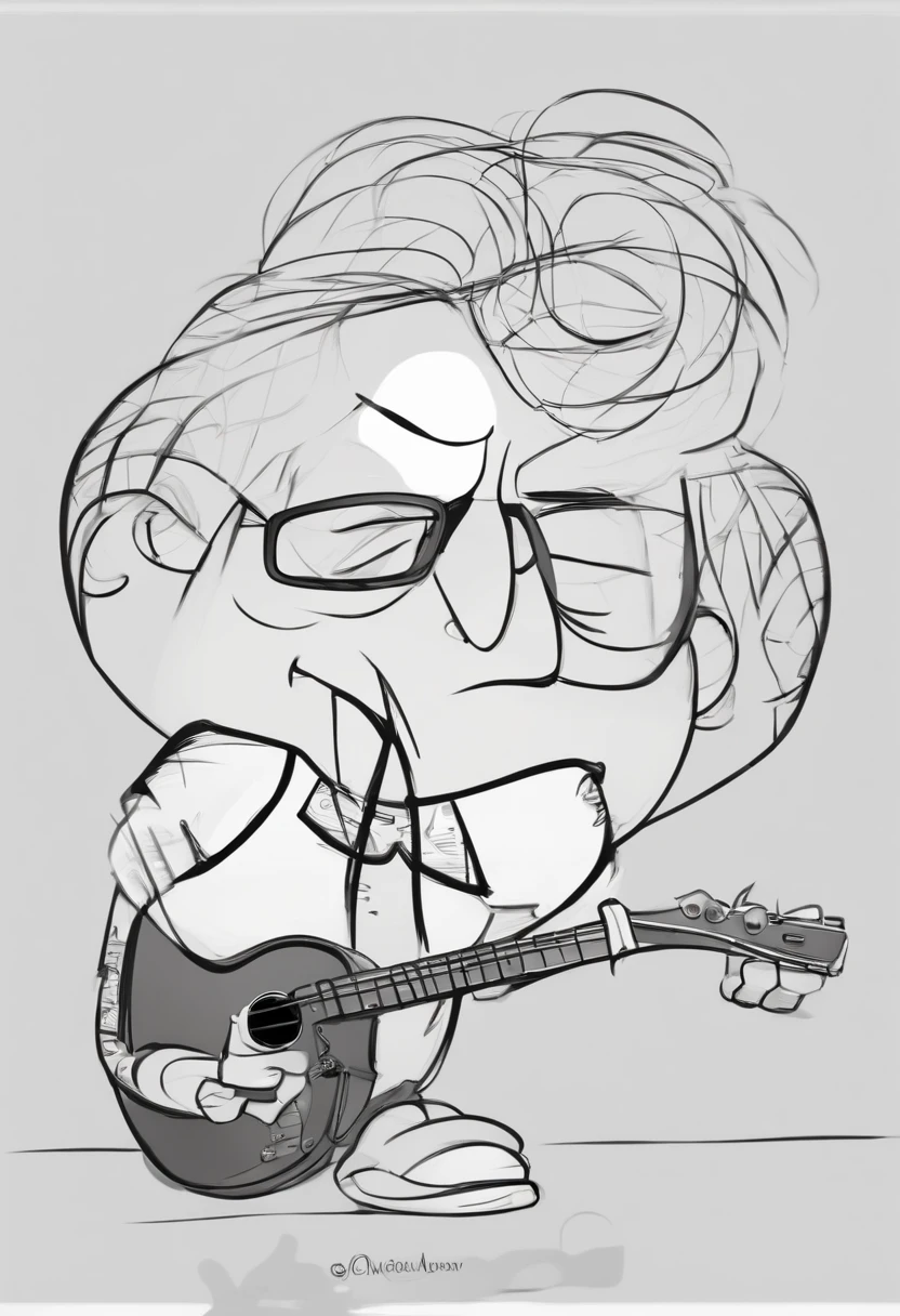 Cartoon thin man character of a man with long medium brown hair and thin face smiling wearing black glasses, um pequeno brinco preto e uma camisa preta, wearing a watch and bracelets on his arm, um personagem animado, segurando uma guitarra vermelha no palco de um show de rock estilizado, animation style rendering, 3D estilizado, Arnold Maya render, 3 d render stylized, toon render keyshot, Personagem 3D, Personagem 3D, 3d rendering stylized, 3 d character render, personagem de desenho animado, Personagem de close up, Pose de personagem, (Estilo Pixar) (master part:1.2) (Bokeh) (best quality) (pele detalhada) com tatuagens (textura detalhada) (8k) (argila) (Cinematic lighting) (foco nítido,Senta e vaza a parte superior do corpo