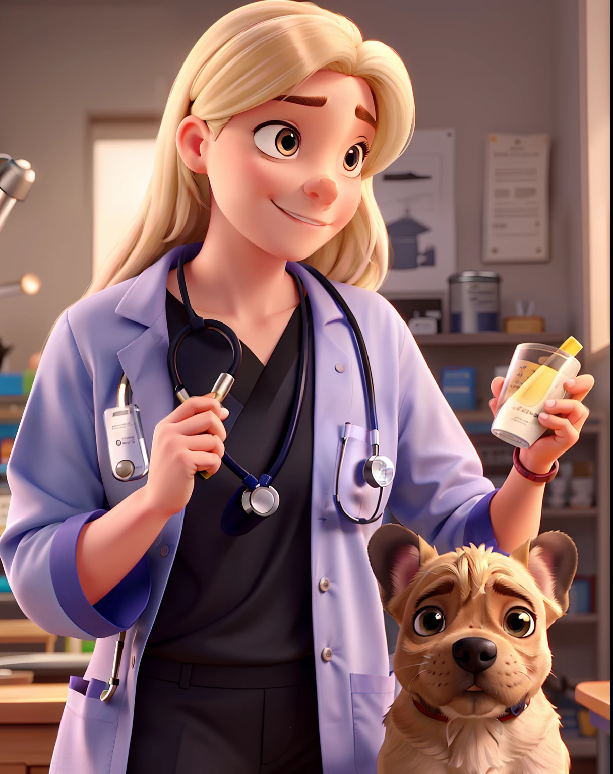 Pixar style veterinarian with blonde highlights in a long hair, wearing black scrubs and a stethoscope, with a French bulldog
