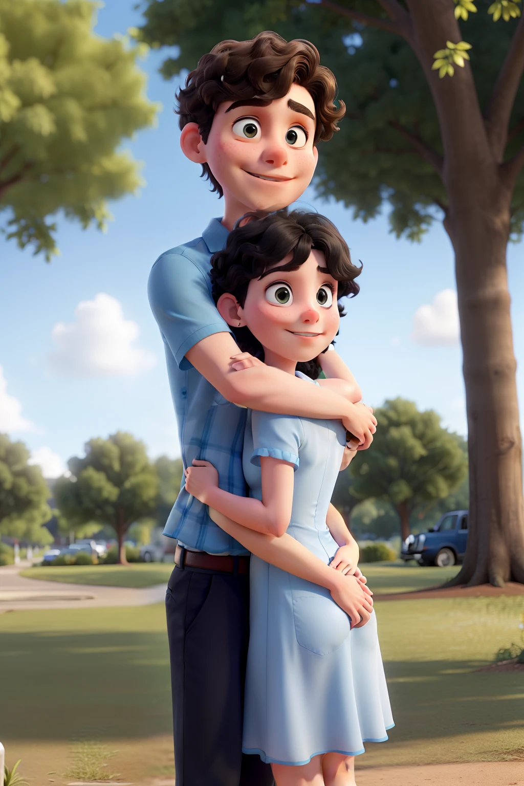 High quality image of a white girl with short curly hair in blue dress and a white boy with straight black hair hugging each other in a park.