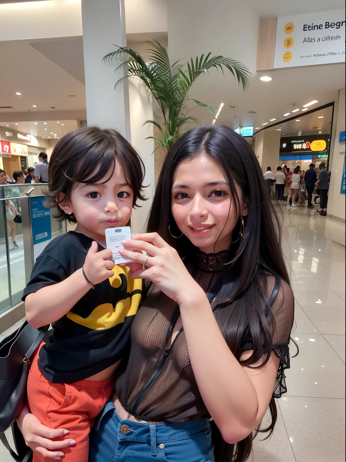 there is a woman and a child that are posing for a picture, em um shopping, with a kid, em um shopping, Alanis Guillen, In Sao Paulo, 3 5 year brazilian mother, by Almeida Júnior, aparecer em um shopping center, foto de perfil, Ekaterina, Postagem 4k, 4 k post