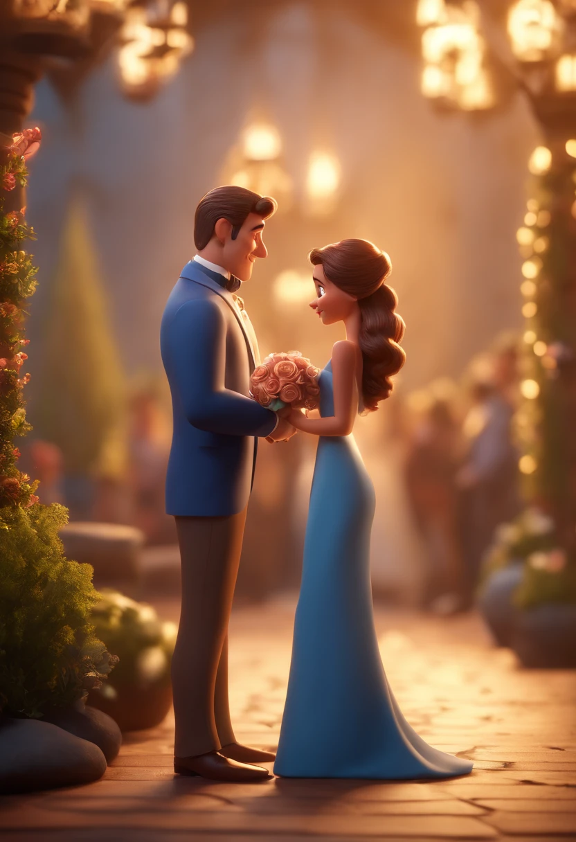 Cartoon characters a man in white shirt preying on a brunette girl in blue dress at wedding, animation character, Caractere estilizado, animation style rendering, 3D estilizado, Arnold Maya render, 3 d render stylized, toon render keyshot, Personagem 3D, Personagem 3D, 3d rendering stylized, 3 d character render, personagem de desenho animado, Personagem de close up, Pose de personagem, (Estilo Pixar) (master part:1.2) (Bokeh) (best quality) (pele detalhada) (textura detalhada) (8k) (argila) (Cinematic lighting) (foco nítido
