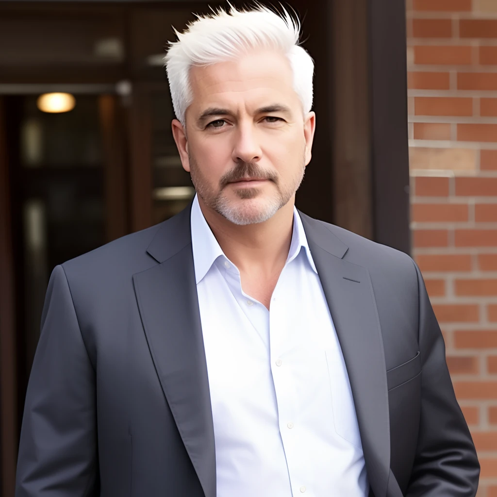 Very weighty person with white hair with medium height, light eyes and gray clothes standing