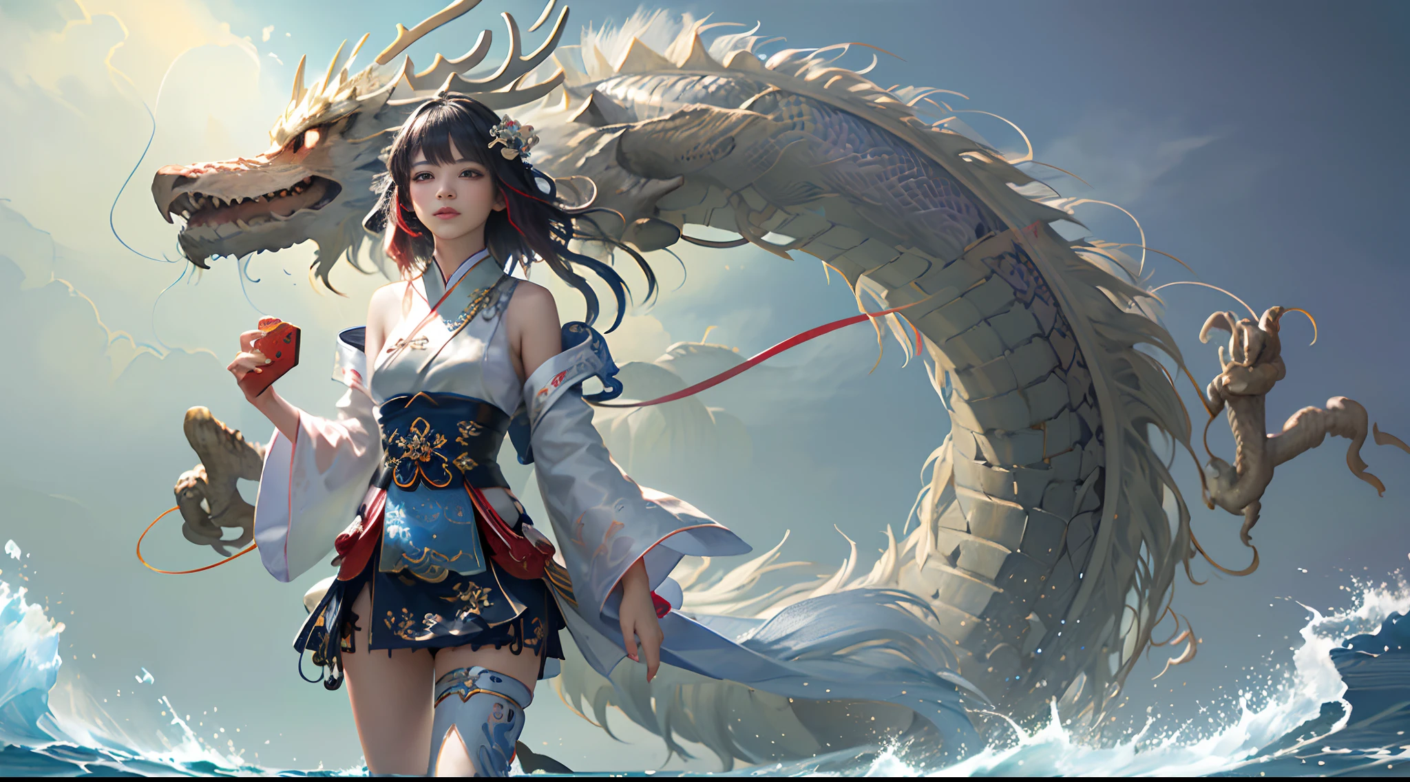 Official Art, Unified 8K Wallpapers, Ultra Detailed, Beautiful and Aesthetic, Masterpiece, Best Quality, (Zentangle, Tangle, Entangle), (fractal art: 1.4), 1girl, black hair, Chinese, bare shoulders, short skirt, calf, navel, very detailed, dynamic angle, cowboyshot, (most beautiful form chaos), flowing, (bright colors), oc, (half: 1.2), china, (thangka flying sky: 1.5), (ribbon: 1.3), (dream: 1.5), (hanfu: 1.5), Chinese dragon, Chinese phoenix, (smile: 0.5), (Chinese deity),