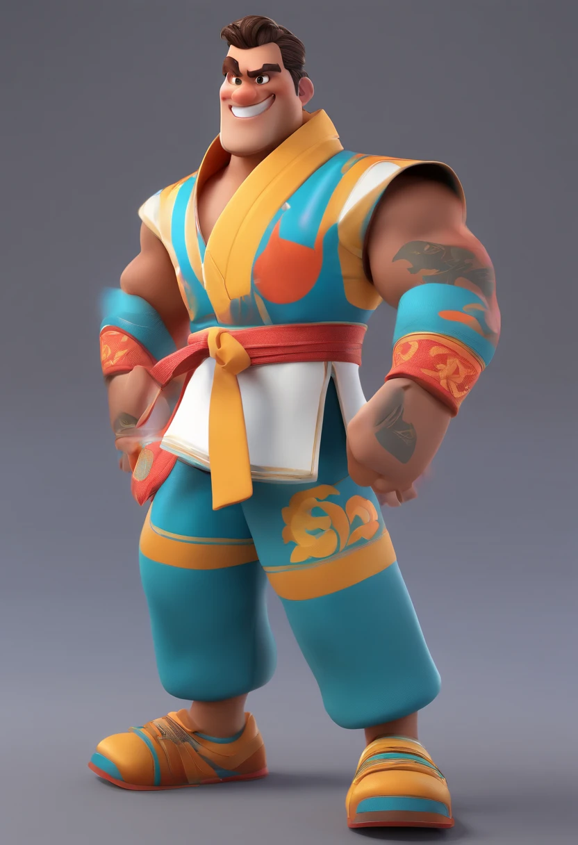 Cartoon character of a man in karate kimono, animation character, Caractere estilizado, animation style rendering, 3D estilizado, Arnold Maya render, 3 d render stylized, toon render keyshot, Personagem 3D, Personagem 3D, 3d rendering stylized, 3 d character render, personagem de desenho animado, Personagem de close up, Pose de personagem, (Estilo Pixar) (master part:1.2) (Bokeh) (best quality) (pele detalhada) (textura detalhada) (8k) (argila) (Cinematic lighting) (foco nítido