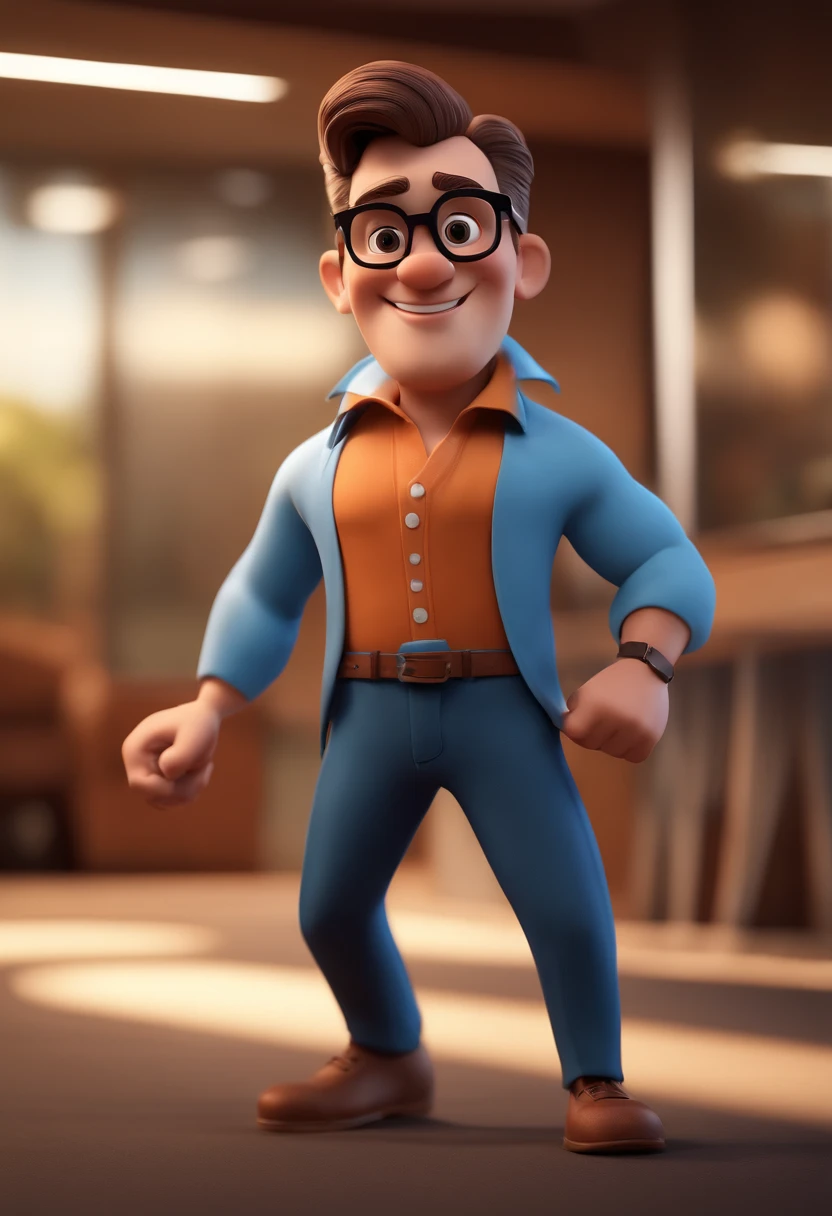 Cartoon character of a man with black glasses and a blue shirt, animation character, Caractere estilizado, animation style rendering, 3D estilizado, Arnold Maya render, 3 d render stylized, toon render keyshot, Personagem 3D, Personagem 3D, 3d rendering stylized, 3 d character render, personagem de desenho animado, Personagem de close up, Pose de personagem, (Estilo Pixar) (master part:1.2) (Bokeh) (best quality) (pele detalhada) (textura detalhada) (8k) (argila) (Cinematic lighting) (foco nítido