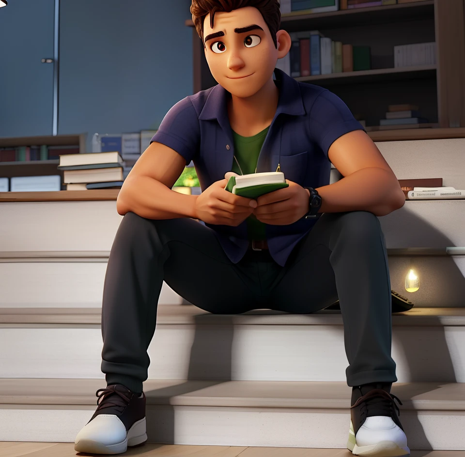 A sage standing in front, illuminated by the light of a lamp, contra o pano de fundo de uma biblioteca