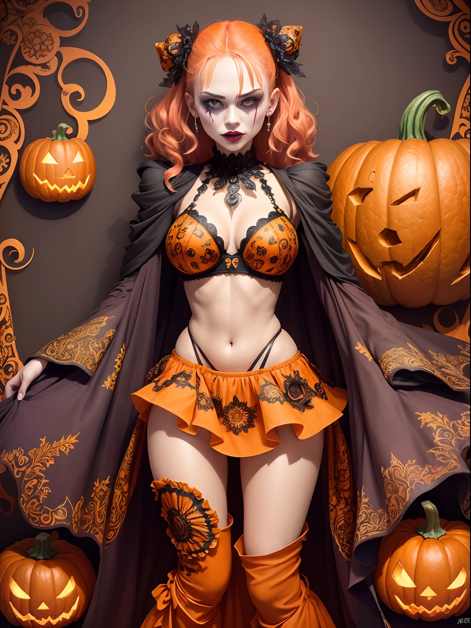 (masterpiece, top quality, best quality, official art, beautiful and aesthetic:1.2), (1girl:1.3), extremely detailed,(fractal art:1.1), (colorful:1.3), (20 years old), ((lots of halloween pumpkins around)), highest detailed,(zentangle:1.2), full body, (abstract halloween background), (shiny skin), (lots of halloween pumpkins), (super detailed anatomi), (super detailed face), (Halloween theme), (pumpkin skin skirt), (pumpkin skin bra), (pumpkin skin clothes), (into the big pumpkin), (scary joker makeover)