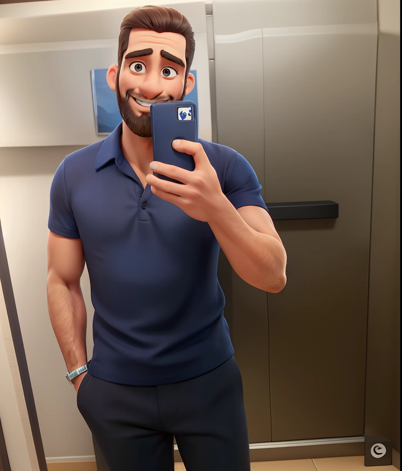 Cartoon in navy blue shirt and black pants, arms crossed, olhando para frente e sorrindo com os dentes aparecendo, barba por todo o rosto, cor da pele moreno