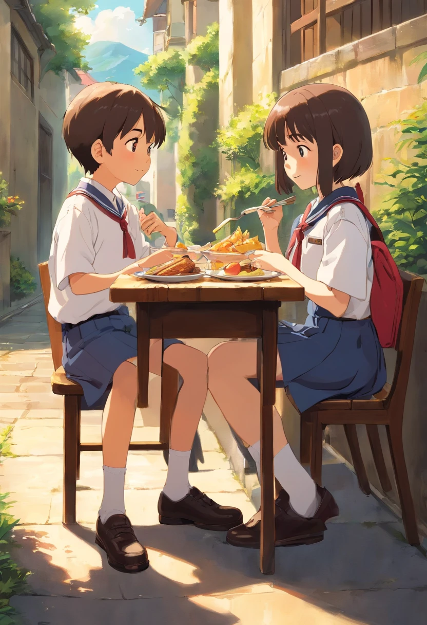 A KID WEARING A SCHOOL UNIFORM SHARING LUNCH WITH ANOTHER SCHOOL ???.