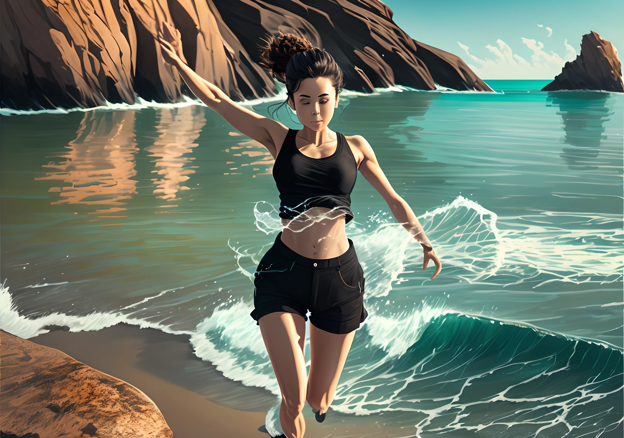 Create an image of a woman standing on a rocky cliff overlooking a body of water. She has her arms spread wide, and her body is turned towards the water, giving the impression that she is about to jump into the sea. She is wearing a black tank top and black shorts, with her hair styled in a messy bun. Capture the moment of anticipation and excitement as she is poised to take a leap of faith into the unknown depths of the ocean --auto --s2