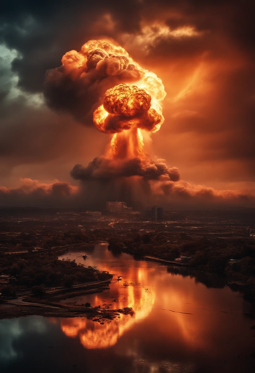 A huge hydrogen bomb explodes、destroy all of america.、Burst wind、glint、very large mushroom cloud、lightning bolt、Lightning、destruction、perish、