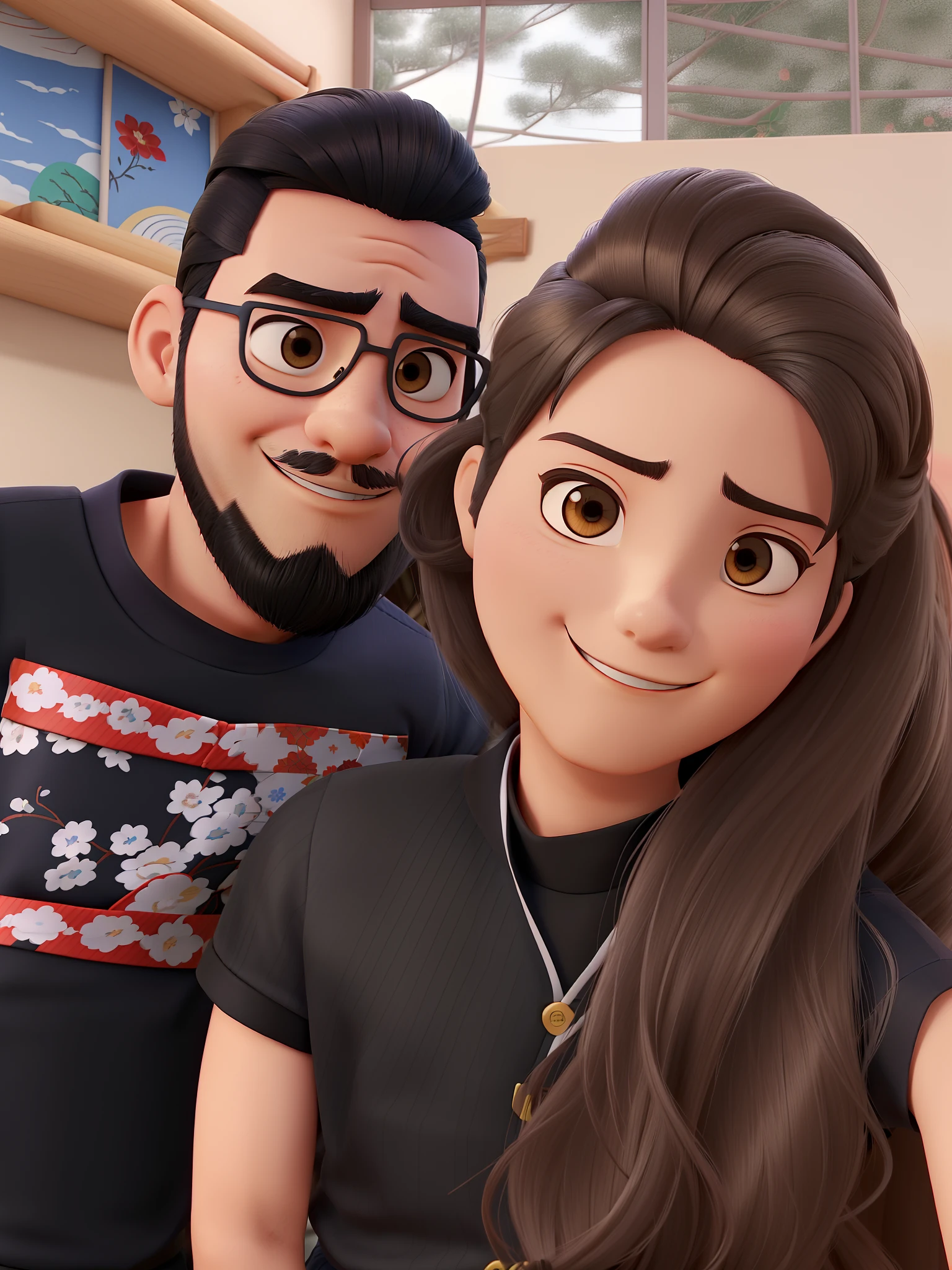 Casal (homem japones cabelo liso e preto e mulher branca com cabelo ondulado loiro escuro) no estilo Disney Pixar, alta qualidade, melhor qualidade.
