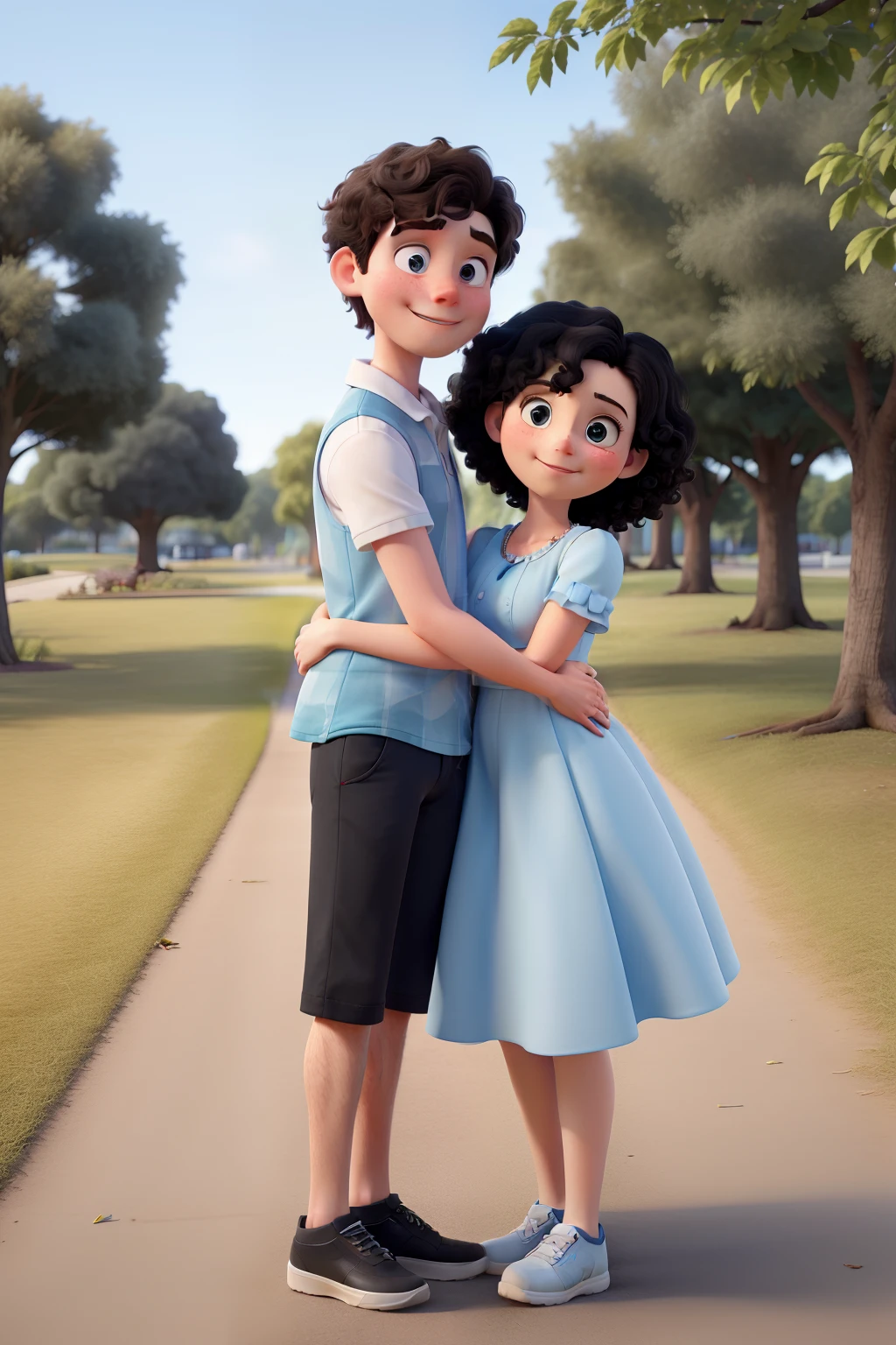 High quality image of a white girl with short curly hair in blue dress and a white boy with straight black hair hugging each other in a park.