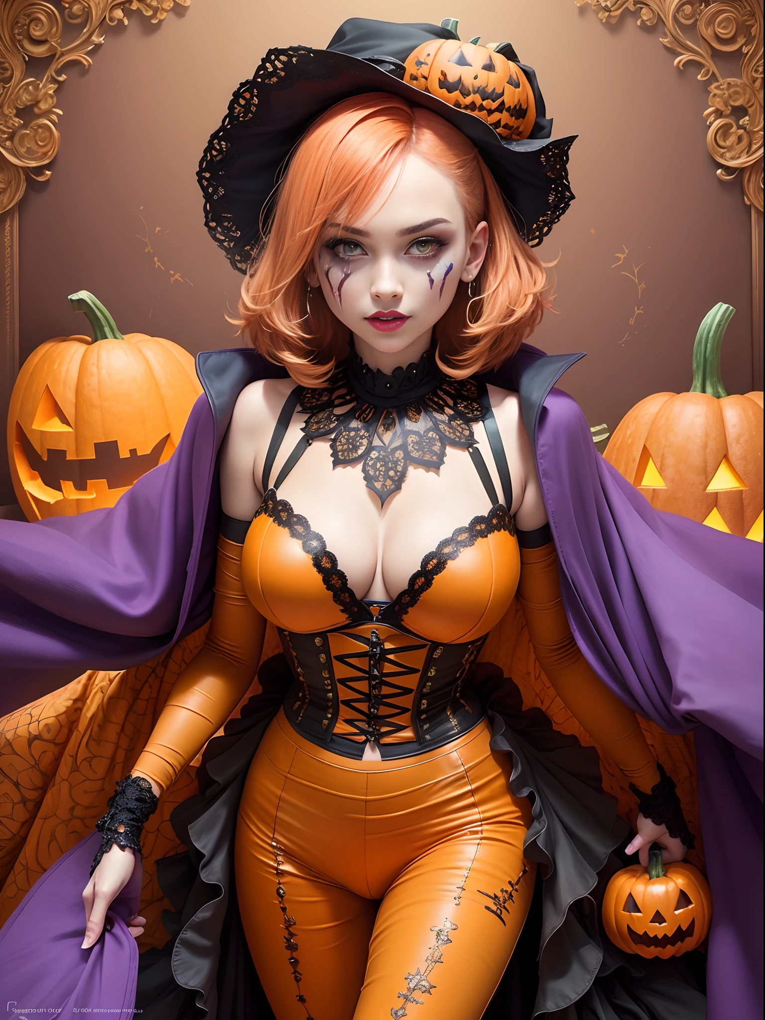 (masterpiece, top quality, best quality, official art, beautiful and aesthetic:1.2), (1girl:1.3), extremely detailed,(fractal art:1.1), (colorful:1.3), (20 years old), ((lots of halloween pumpkins around)), highest detailed,(zentangle:1.2), full body, (abstract halloween background), (shiny skin), (lots of halloween pumpkins), (super detailed anatomi), (super detailed face), (Halloween theme), (pumpkin skin skirt), (pumpkin skin bra), (pumpkin skin clothes), (into the big pumpkin), (scary joker makeover)