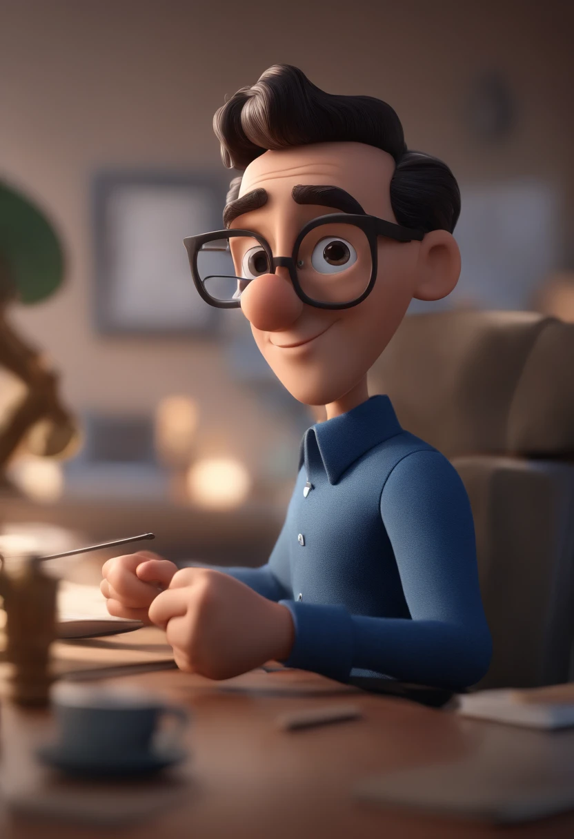 Cartoon character of a man with black glasses and a blue shirt, animation character, Caractere estilizado, animation style rendering, 3D estilizado, Arnold Maya render, 3 d render stylized, toon render keyshot, Personagem 3D, Personagem 3D, 3d rendering stylized, 3 d character render, personagem de desenho animado, Personagem de close up, Pose de personagem, (Estilo Pixar) (master part:1.2) (Bokeh) (best quality) (pele detalhada) (textura detalhada) (8k) (argila) (Cinematic lighting) (foco nítido