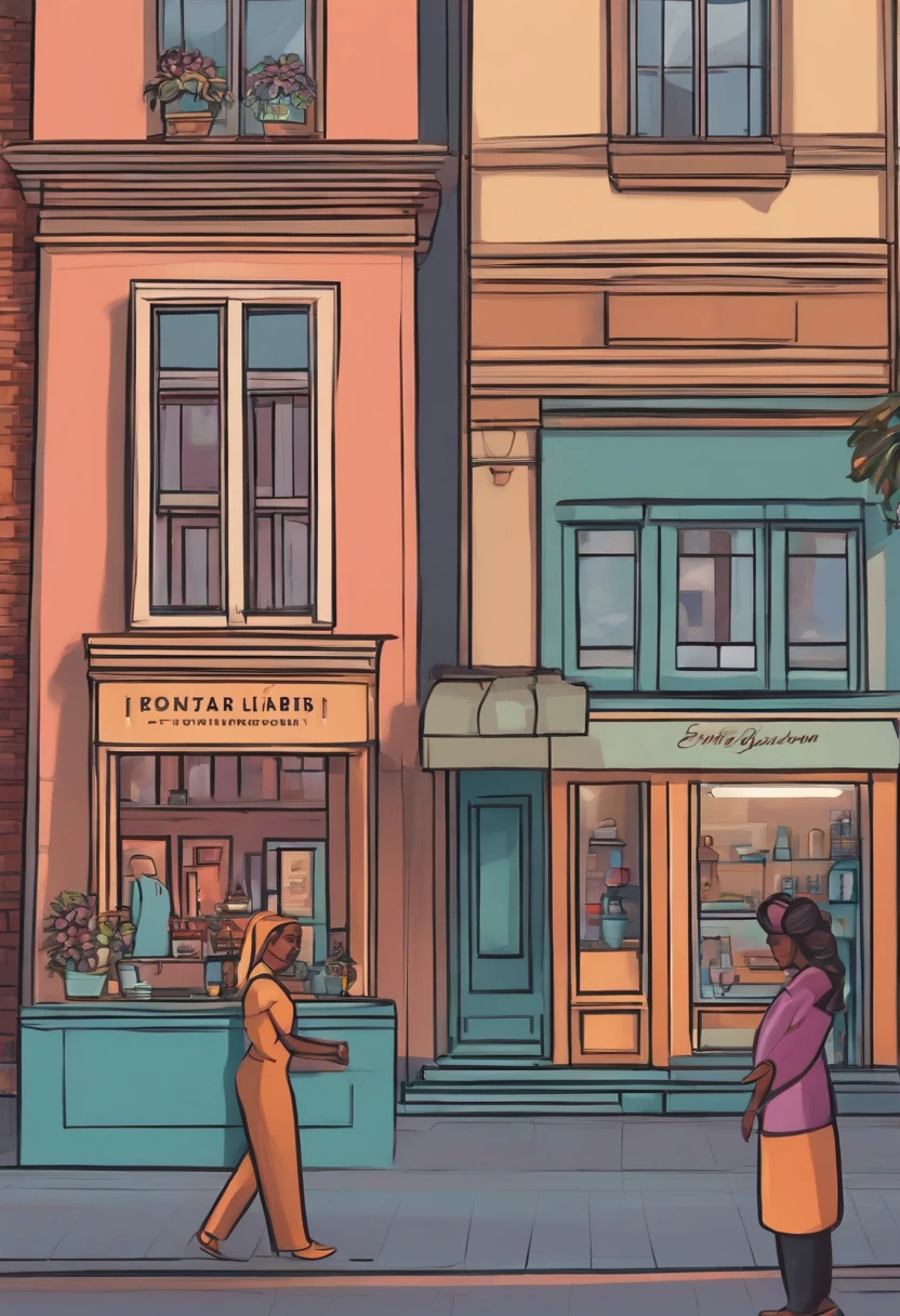 3D Pixar style drawing of a beauty clinic in the city center with a character in the foreground.