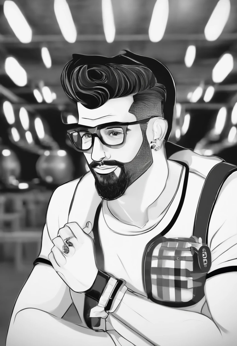 Cartoon character of a 27-year-old man with black glasses and a black t-shirt, cabelo curto e cacheado, With a black beard and headlight tattoo on his arm, animation character, Caractere estilizado, animation style rendering, 3D estilizado, Arnold Maya render, 3 d render stylized, toon render keyshot, Personagem 3D, Personagem 3D, 3d rendering stylized, 3 d character render, personagem de desenho animado, Personagem de close up, Pose de personagem, (Estilo Pixar) (master part:1.2) (Bokeh) (best quality) (pele detalhada) (textura detalhada) (8k) (argila) (Cinematic lighting) (foco nítido