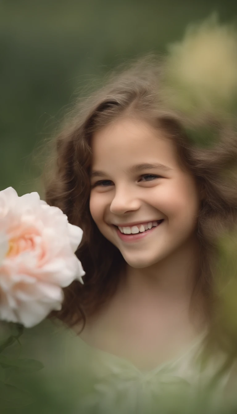 Close-up of a  smiling，A flower stuck in his hair, lovely digital painting, soft happy smile, laughing sweetly, soft amazed smiles, Cute smile, beautiful and smiling, Sweet smile, Happy girl, happy and smile, Lovely smile, beatiful smiling face, Smiling girl, cute smiling face, and she smiling，Very happy, beatiful smiling face, Happy expression