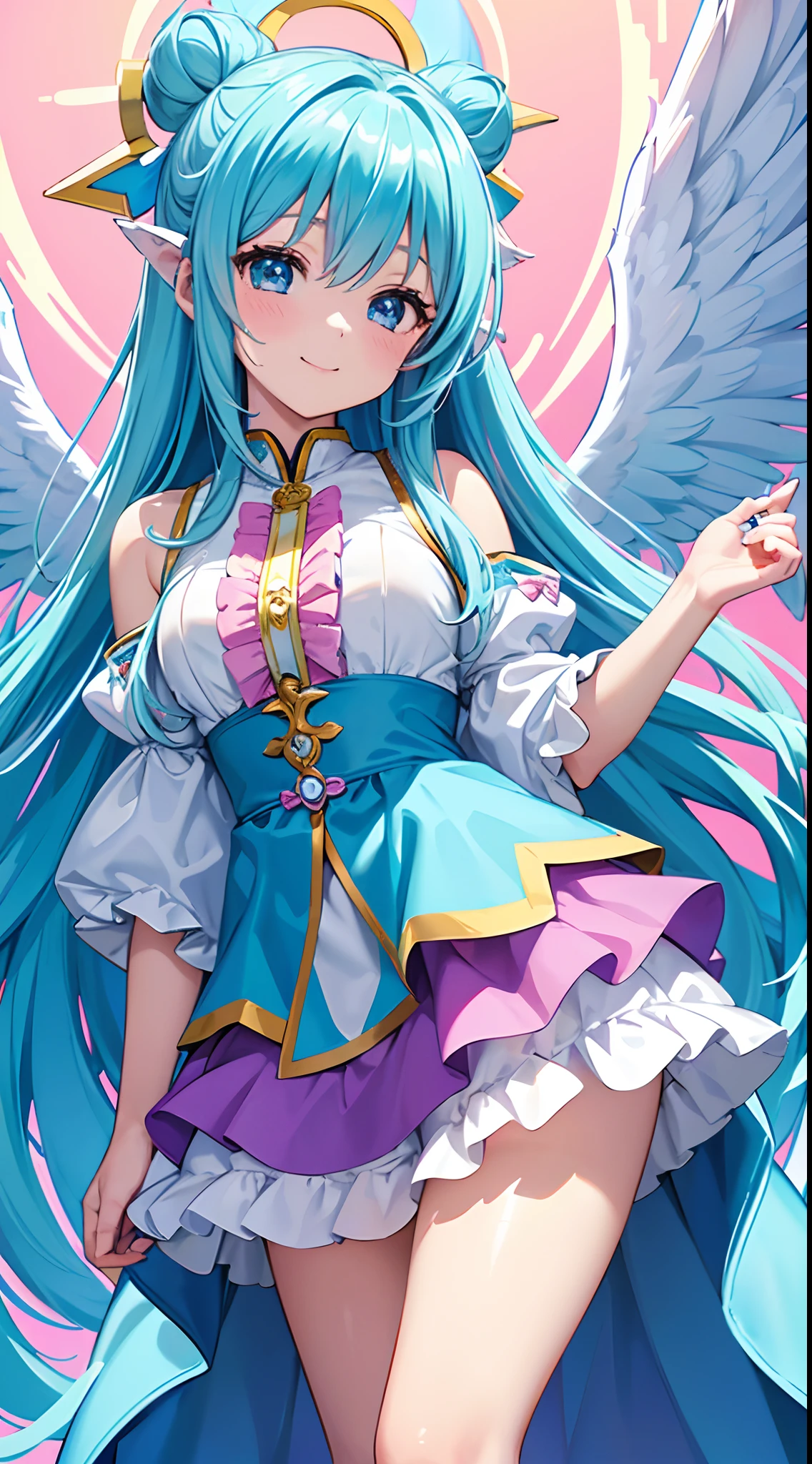 Big wings of colorful angel、Kawaii Girl、adorable smiling、Light blue long hair、Twin-tailed、Colorful angel costume((top-quality))、((masterpiece))、(ighly detailed、highestdetailed、Official art、Beautifully Aesthetic:1.2)