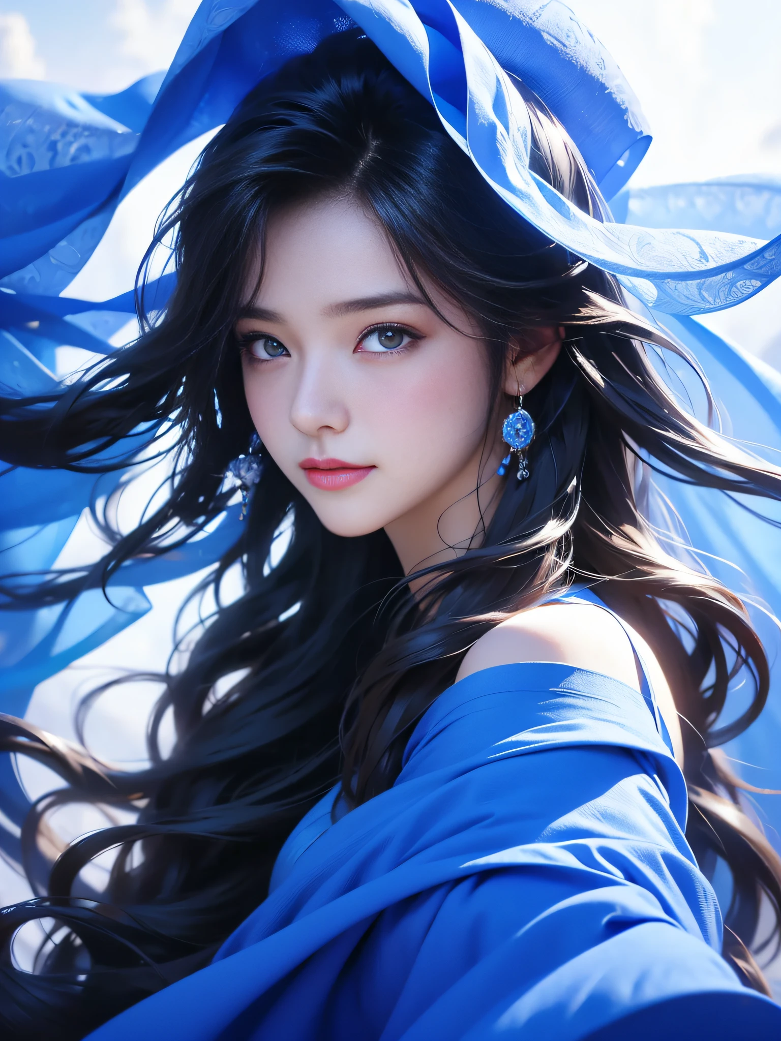 Look here and smile、1 female, 18 years old, close up upper-body portrait, Black hair, Flowing hair, Hazy beauty, with extremely beautiful facial features, Blue underwear, , Simple vector art, , Soft light, Layered Forms, look up to