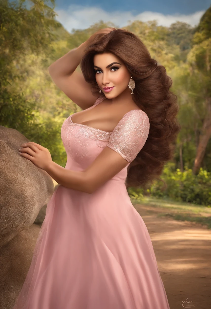 Mulher brasileira,Qualidade de arte original, imagem de corpo inteiro, Disney character animation style, mulher gorda , bem gorda de quarenta anos gorda plus size estilo FIONA , bem gordinha estilo FIONA, cabelos castanho com mechas nas pontas na cor azul celeste ,olhando por cima do ombro, Wearing a short pink top and pantaloons, hands naturally placed on both sides, olhando para o lado, soft smiling expression, olhos castanho, luz de fundo azul, translucid, com luz como tema, the focus of light is on the characters, the overall picture is fresh and bright. cabelo castanho claro. Na frente, por do sol ao fundo