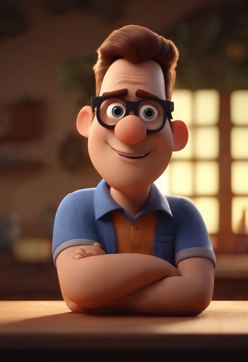 Cartoon character of a man wearing black glasses and a blue shirt, um personagem animado, Caractere estilizado, animation style rendering, 3D estilizado, Arnold Maya render, 3 d render stylized, toon render keyshot, Personagem 3D, Personagem 3D, 3d rendering stylized, 3 d character render, personagem de desenho animado, Personagem de close up, Pose de personagem, (Estilo Pixar) (master part:1.2) (Bokeh) (best quality) (pele detalhada) (textura detalhada) (8k) (argila) (Cinematic lighting) (foco nítido，Senta e vaza a parte superior do corpo