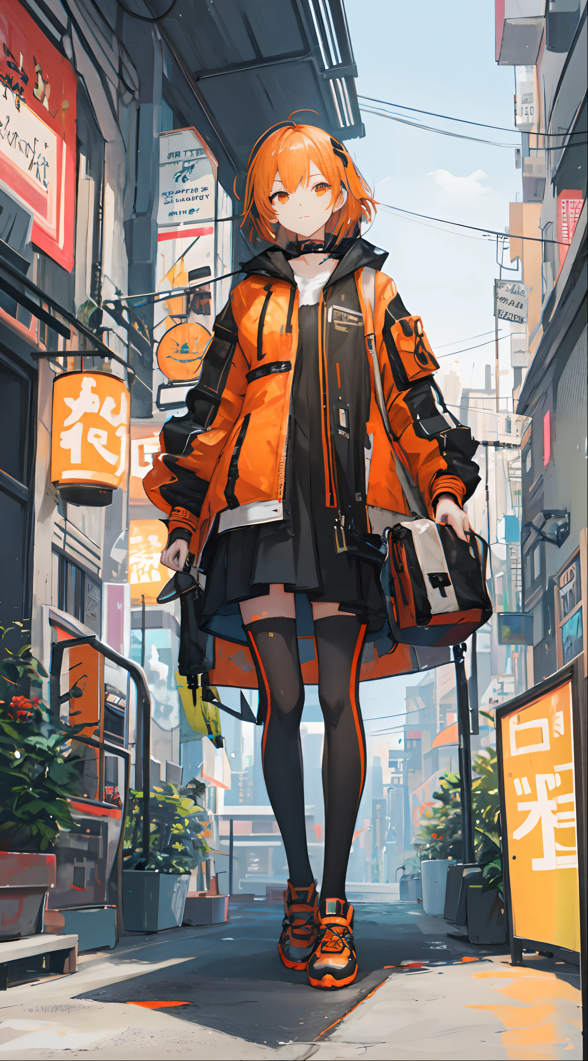 Anime girl in orange jacket and black skirt walking on city street, Digital Cyberpunk Anime Art, Cyberpunk Anime Girl, anime style 4 k, anime cyberpunk art, cyberpunk anime art, digital cyberpunk - anime art, cyberpunk anime girl in hoodie, female cyberpunk anime girl, Cyberpunk anime girl mecha, urban concept art, urban girl fanart, cyberpunk streetwear, Anime style. 8K