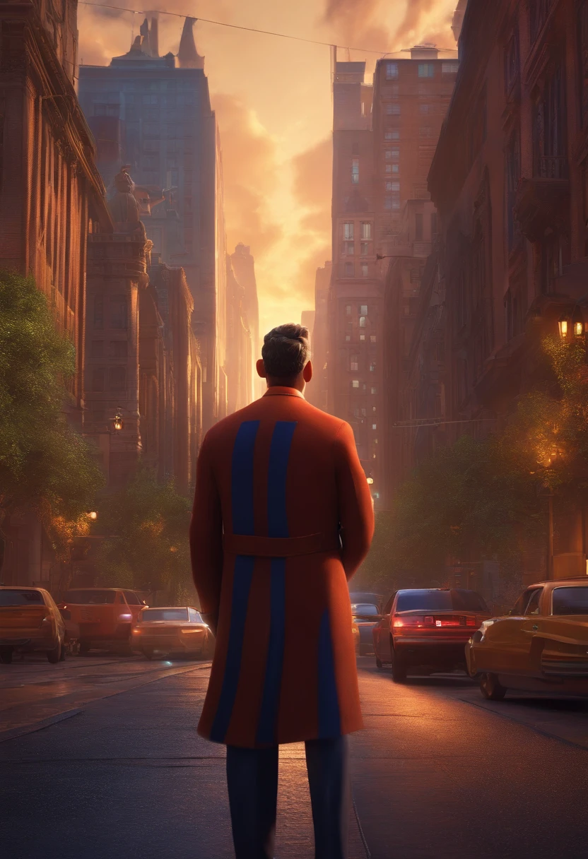 A city councilman looking at a dream project inspired by Pixar animation, de perto. The character takes center stage with captivating facial expressions, oferecendo um toque de irrealidade
