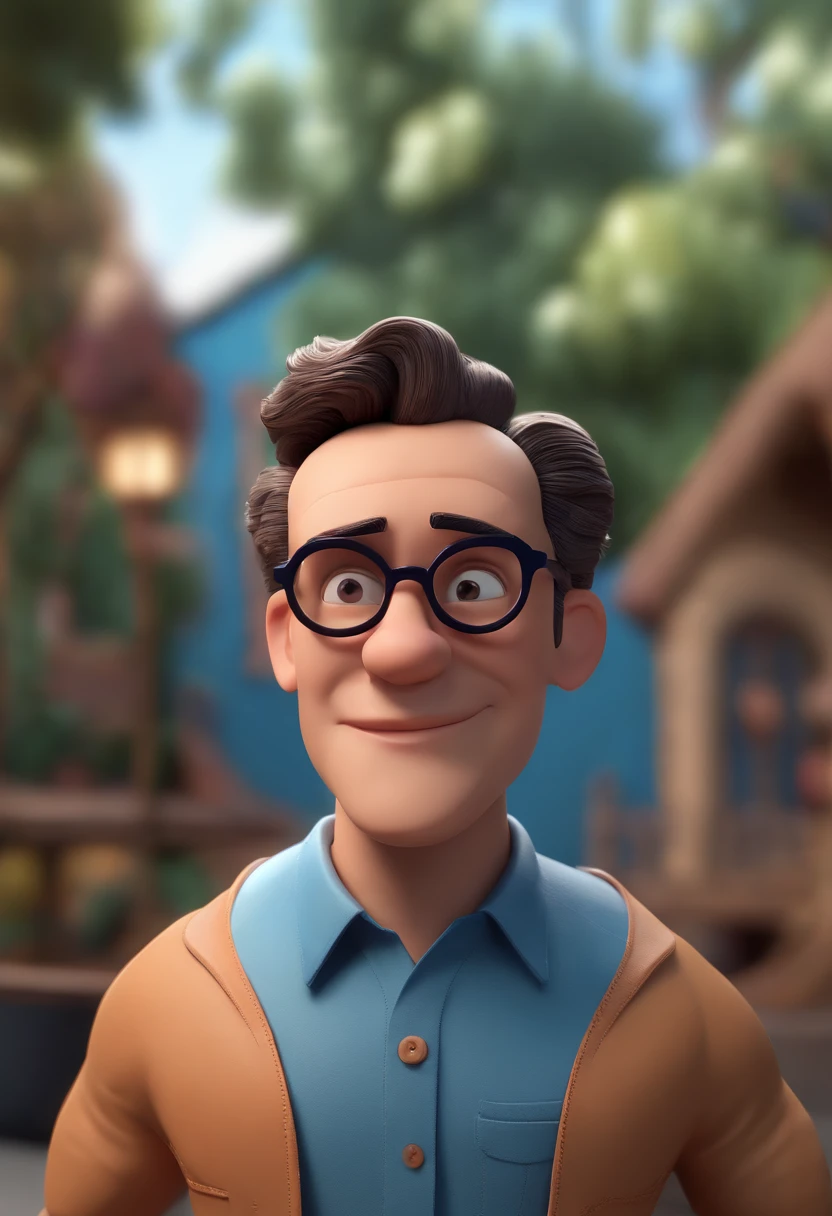 Cartoon character of a man wearing black glasses and a blue shirt, um personagem animado, Caractere estilizado, animation style rendering, 3D estilizado, Arnold Maya render, 3 d render stylized, toon render keyshot, Personagem 3D, Personagem 3D, 3d rendering stylized, 3 d character render, personagem de desenho animado, Personagem de close up, Pose de personagem, (Estilo Pixar) (master part:1.2) (Bokeh) (best quality) (pele detalhada) (textura detalhada) (8k) (argila) (Cinematic lighting) (foco nítido,Senta e vaza a parte superior do corpo