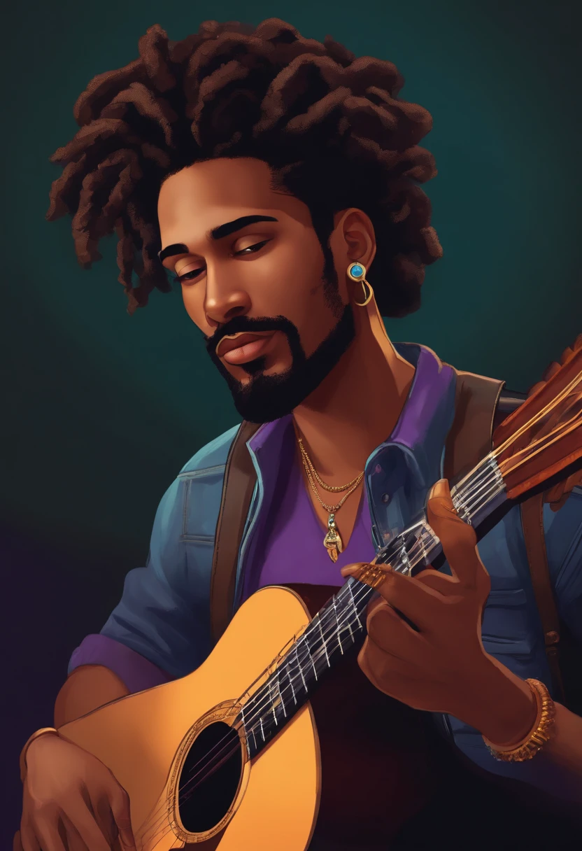 Create a Pixar-style image of a young brown man with a finely lined face of mustache and goatee with dreadlocks hair tied up, hoop earrings in the ears, ring pircing on the nose in a purple tank top, ripped denim shorts, leather sandals on the feet, holding a classical guitar with 7 strings.