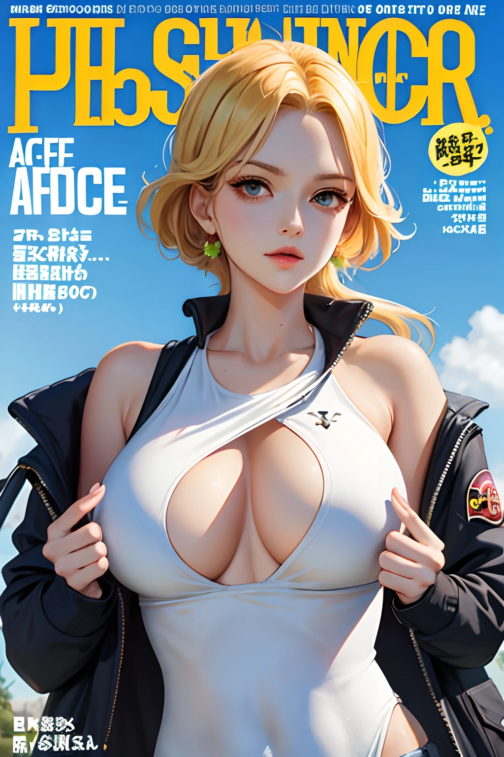 masterpiece, best quality, spring outfit, , outdoor, magazine cover ,upper body, ((ace)) ((onepiece)) , good hands, ace onepiece, onepiece, ACE, big breast. complete fingers.