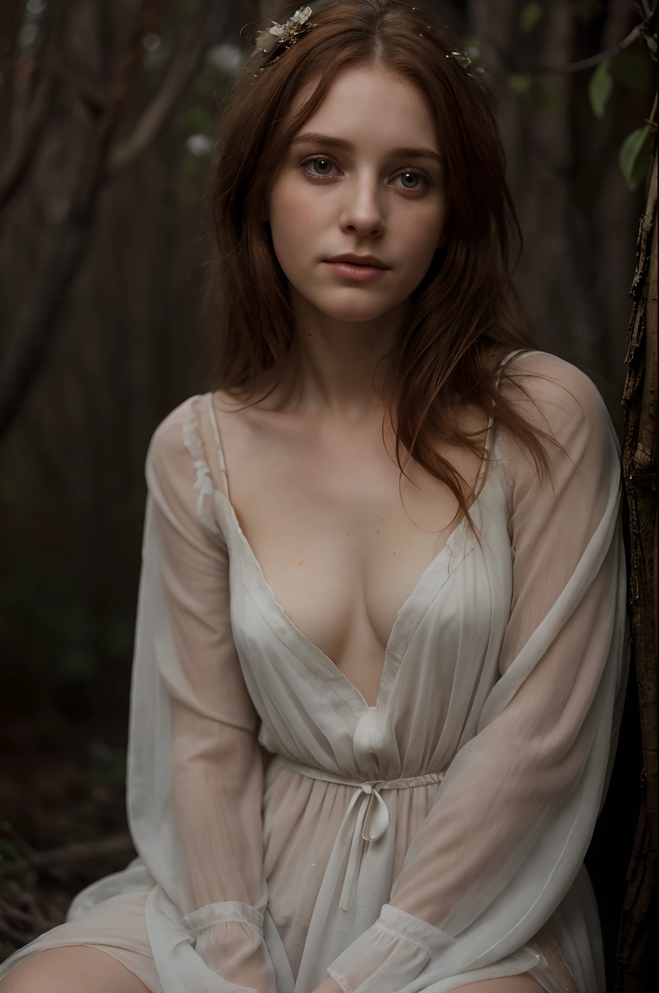 Full portrait, Realistic, Photorealistic, RAW photo, Highly detailed, cinematic rendering, Wild Dead Forest, evening, Cute 24-year-old woman, Leaning back in a tree and looking up at the grey cloudy sky, Redhead, Sexy, Dressed in a white tattered nightgown, Black leaves float in the air, Behold, the glittering particles flutter, Donamic composition, Dark light background, An atmosphere of melancholy and loneliness, surreal photo by Alphonse Mucha, detailed perfect face, Melancholic eyes, Brown hair color, Faded colors, cinematic composition