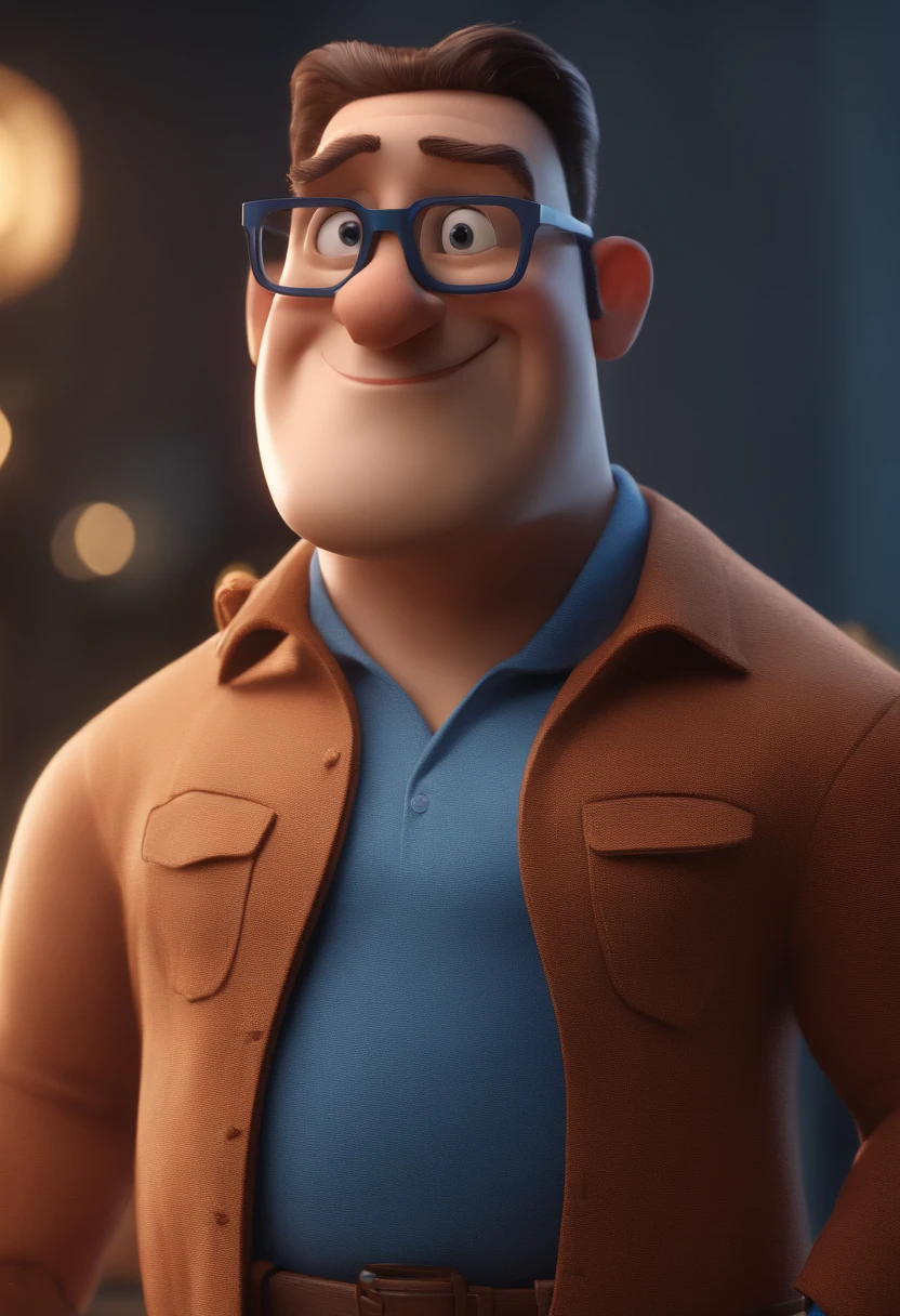 Cartoon character of a man with black glasses and a blue shirt, animation character, Caractere estilizado, animation style rendering, 3D estilizado, Arnold Maya render, 3 d render stylized, toon render keyshot, Personagem 3D, Personagem 3D, 3d rendering stylized, 3 d character render, personagem de desenho animado, Personagem de close up, Pose de personagem, (Estilo Pixar) (master part:1.2) (Bokeh) (best quality) (pele detalhada) (textura detalhada) (8k) (argila) (Cinematic lighting) (foco nítido