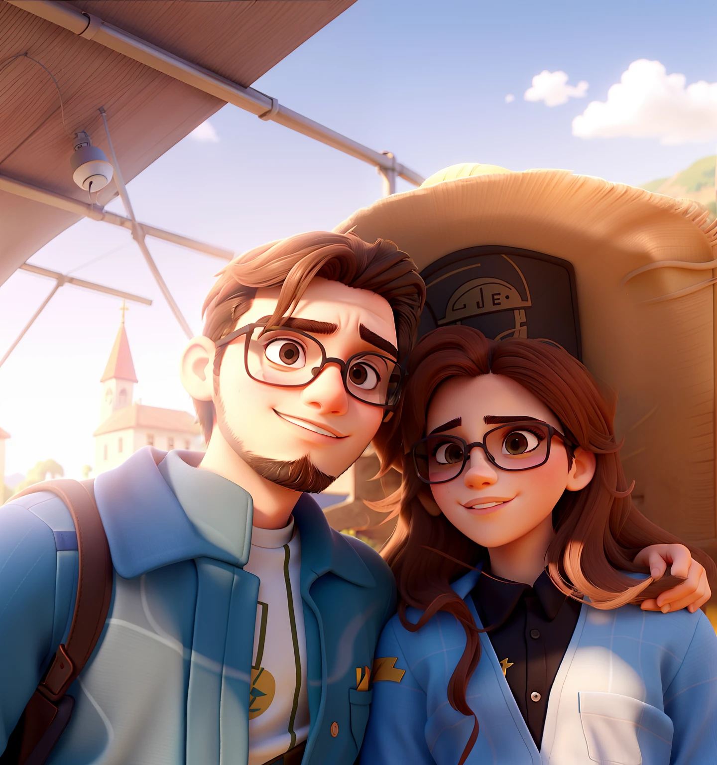 Young couple with sunglasses and passionate look. O jovem rapaz tem barba no rosto todo. The two of them are in a very beautiful background landscape