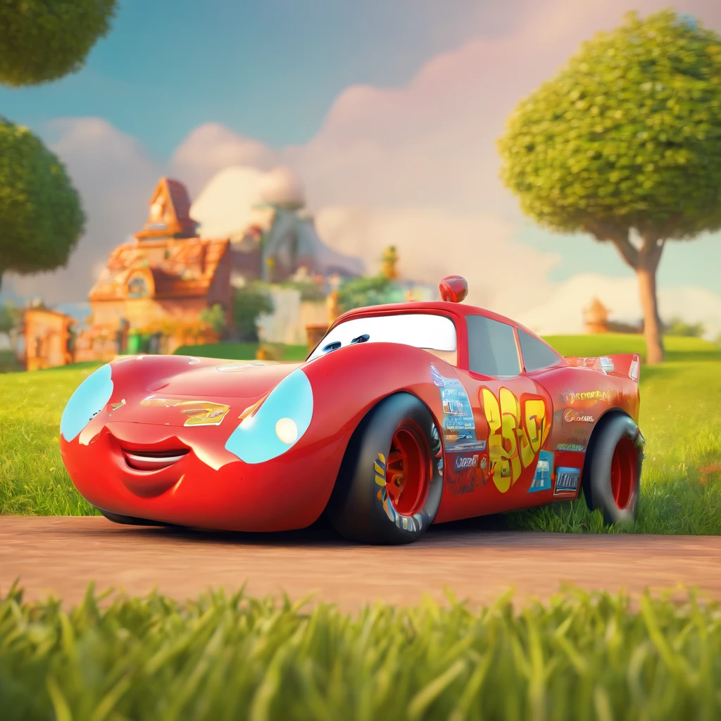 (best quality,highres,masterpiece:1.2),photo-realistic:1.37,Disney Pixar style,Lightning McQueen,boy,painted illustration,colorful,playful,animated style,cartoony,cars movie character,fast racing car,radiant colors,smiling boy,focused expression,joyful atmosphere,carefree,exciting adventure,detailed eyes,cartoonish features,dynamic pose,curved lines, vibrant background,Caribbean blue sky,fluffy clouds,green grass,summer season,sunshine,sparkling sunlight,shadows and highlights,toy cars,action-packed scene,friendship,funny interaction,positive energy,warm lighting.