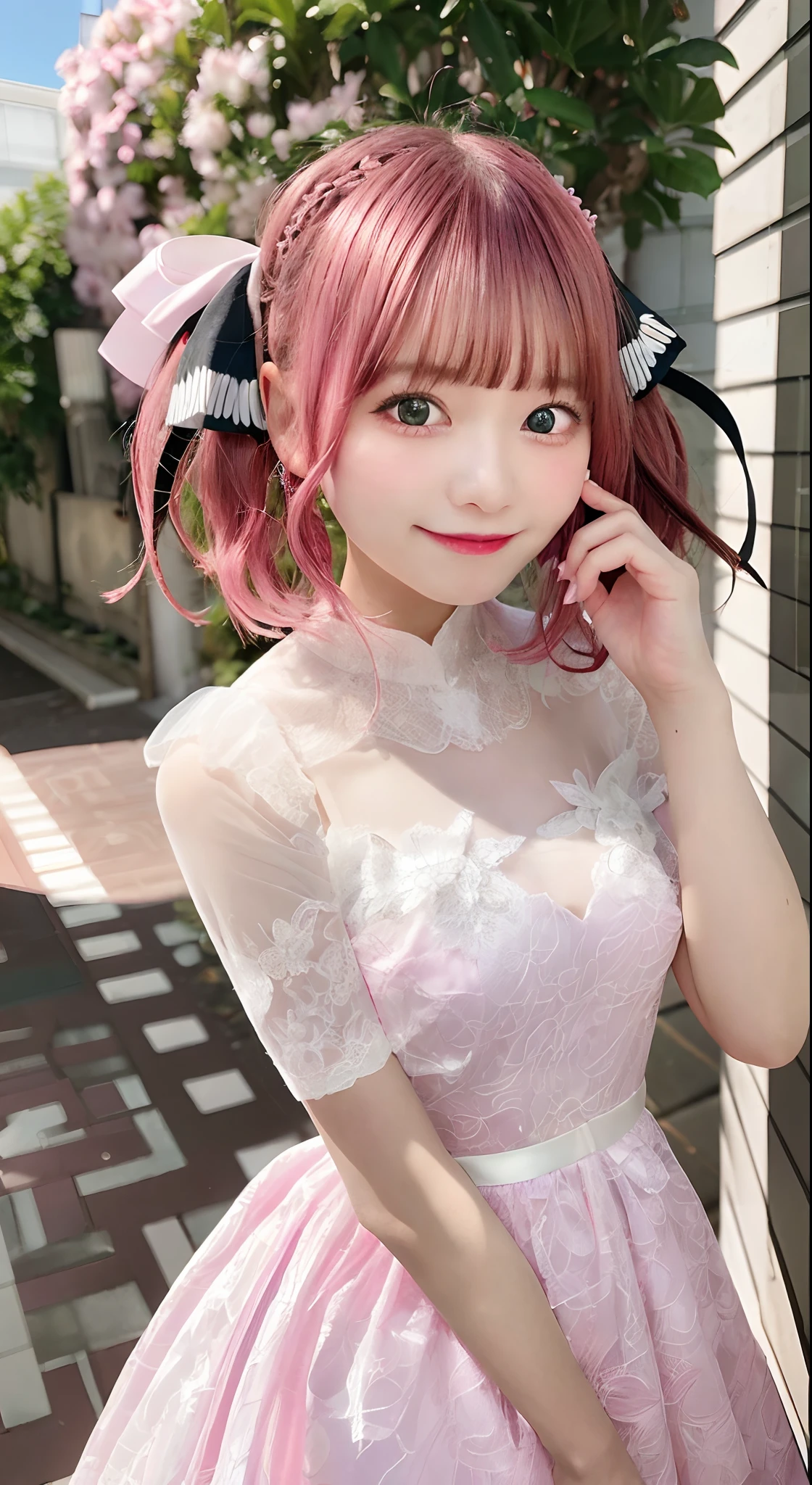 A close up of a woman in a pink dress posing for a picture - SeaArt AI