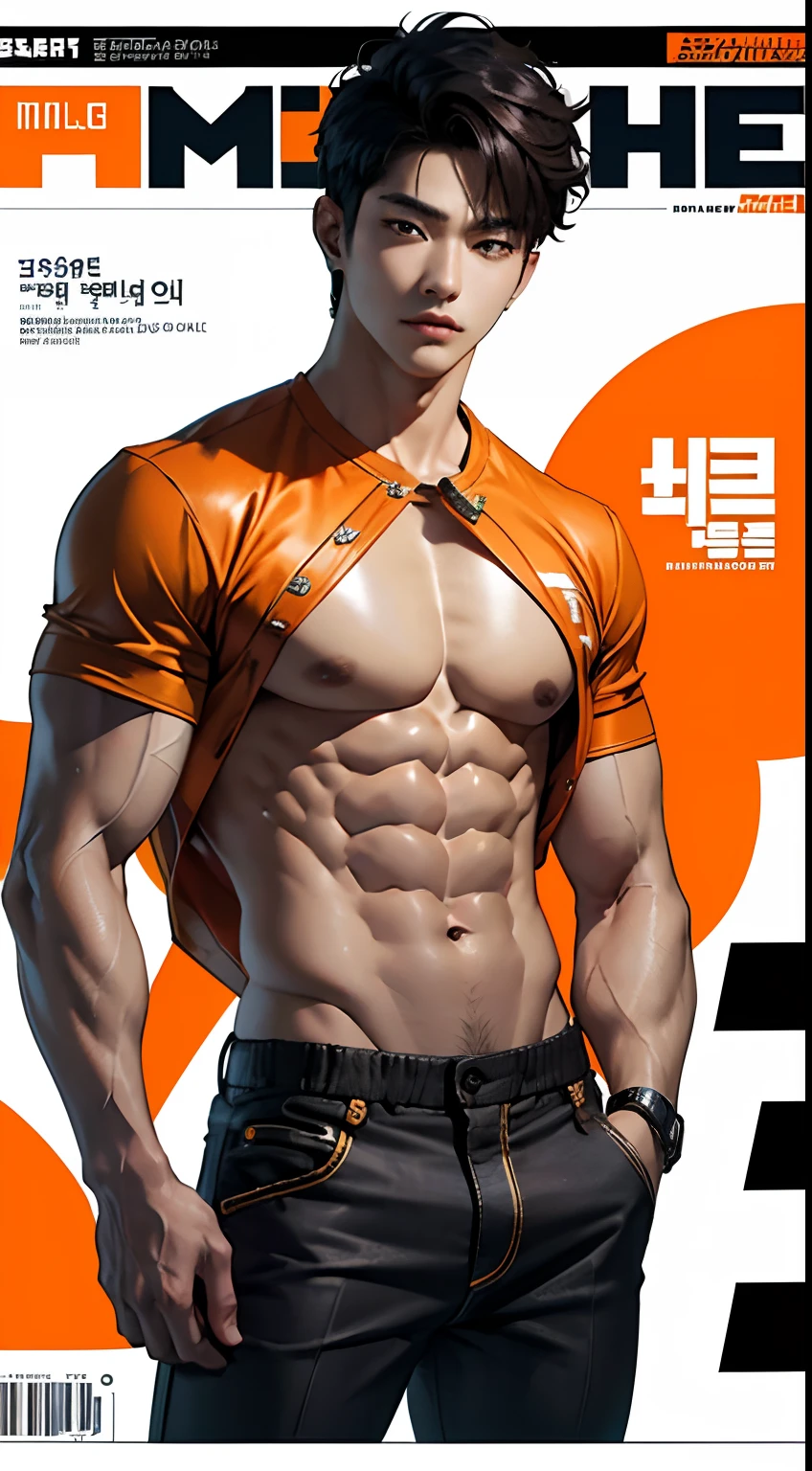 masterpiece, top quality, intricate detail, magazine front page, Korean men's health magazine, Magazine's Title with orange color font, halloween issue, a young handsome boy with short pants, T shirt, tall muscle, ((abs)), Kpop idol, looking at camera, beautiful face, white background, fashion model, Kpop boy's group member, fashionable damage short pants, ikemen