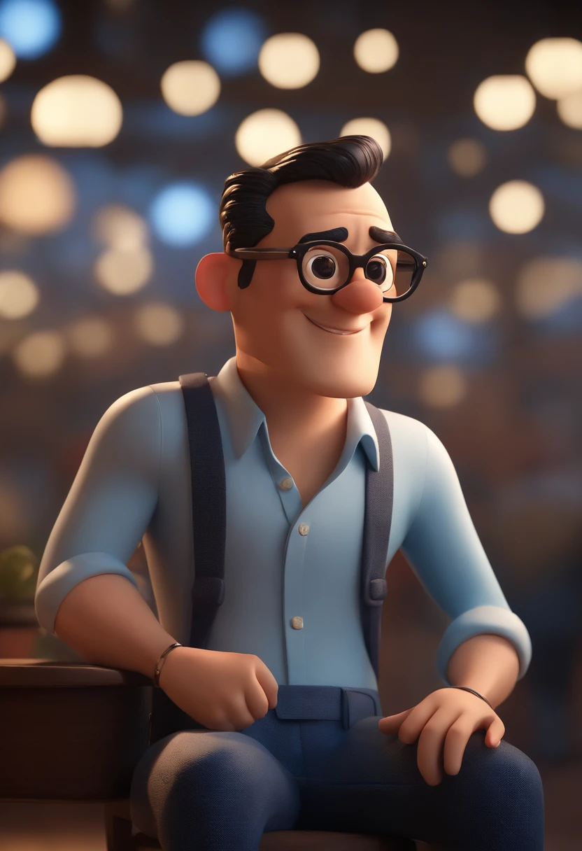 Cartoon character of a man wearing black glasses and a blue shirt, um personagem animado, Caractere estilizado, animation style rendering, 3D estilizado, Arnold Maya render, 3 d render stylized, toon render keyshot, Personagem 3D, Personagem 3D, 3d rendering stylized, 3 d character render, personagem de desenho animado, Personagem de close up, Pose de personagem, (Estilo Pixar) (master part:1.2) (Bokeh) (best quality) (pele detalhada) (textura detalhada) (8k) (argila) (Cinematic lighting) (foco nítido,Senta e vaza a parte superior do corpo