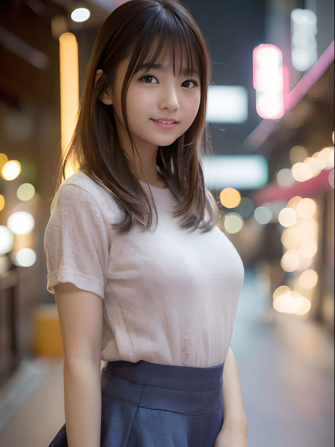 Summer style、17-year-old woman、realisitic、Live action、Fantastical、a miniskirt、The hem of the miniskirt soars、Close to face、Looking at the camera、Happy smile、The background is bokeh、Orange sunset