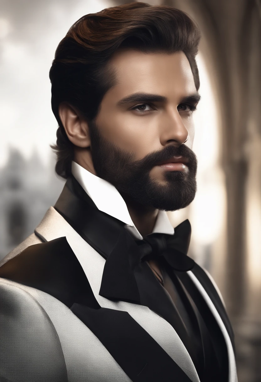 en haut、Faire un bel homme noir de 30 ans face camera, (Utilisez une barbe,) Attractive and serious look, cheveux noirs courts, Elegant and elegant, Shave Tightly Fitting in Suit and Strong Body, (highly quality, Realistic images), Dark and light black on image background, Style de film, ((premier quality, 8k, tmasterpiece), Ultra High Definition Photo, (Beautiful detailed faces, detail skin texture, Hyperdetailed body:1.1)