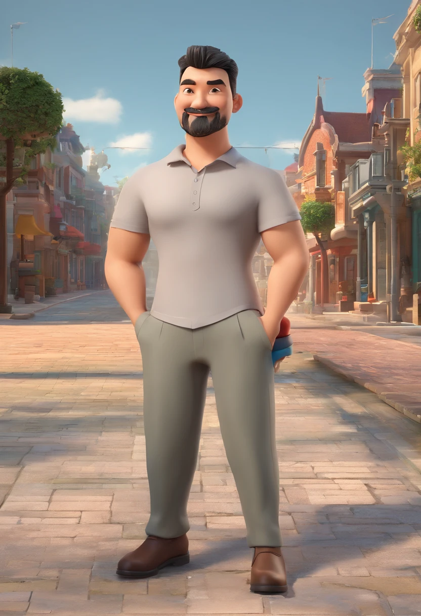 Estilo Pixar: Asian adult man with brown eyes, beard, black color, poster, Disney