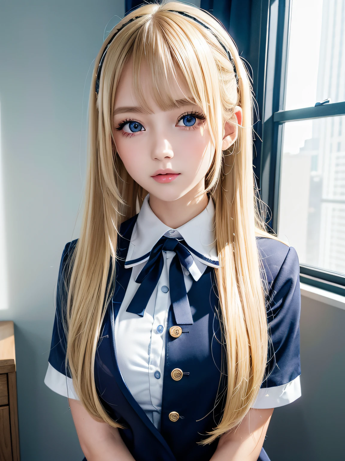 portlate、School Uniforms、bright expression、poneyTail、Young shiny shiny white shiny skin、Best Looks、Blonde reflected light、Blonde hair with dazzling highlights、shiny light hair,、Super long silky straight hair、Beautiful bangs that shine、Glowing crystal clear attractive big blue eyes、Very beautiful nice cute  girl、Lush bust