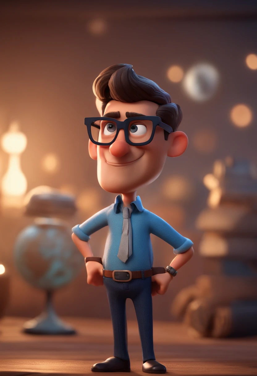 Cartoon character of a man with black glasses and a blue shirt, animation character, Caractere estilizado, animation style rendering, 3D estilizado, Arnold Maya render, 3 d render stylized, toon render keyshot, Personagem 3D, Personagem 3D, 3d rendering stylized, 3 d character render, personagem de desenho animado, Personagem de close up, Pose de personagem,  (Estilo Pixar) (master part:1.2) (Bokeh) (best quality) (pele detalhada) (textura detalhada) (8k) (argila) (Cinematic lighting) (foco nítido