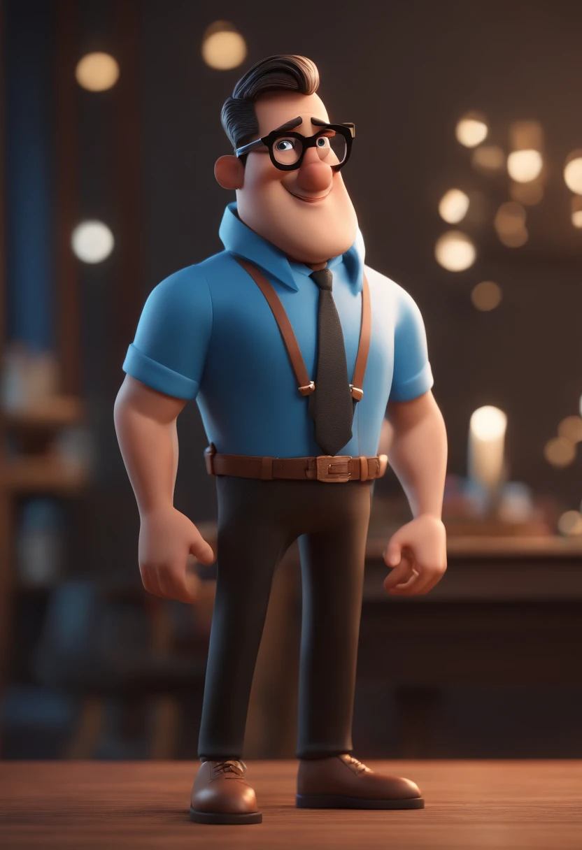 Cartoon character of a man with black glasses and a blue shirt, animation character, Caractere estilizado, animation style rendering, 3D estilizado, Arnold Maya render, 3 d render stylized, toon render keyshot, Personagem 3D, Personagem 3D, 3d rendering stylized, 3 d character render, personagem de desenho animado, Personagem de close up, Pose de personagem, (Estilo Pixar) (master part:1.2) (Bokeh) (best quality) (pele detalhada) (textura detalhada) (8k) (argila) (Cinematic lighting) (foco nítido