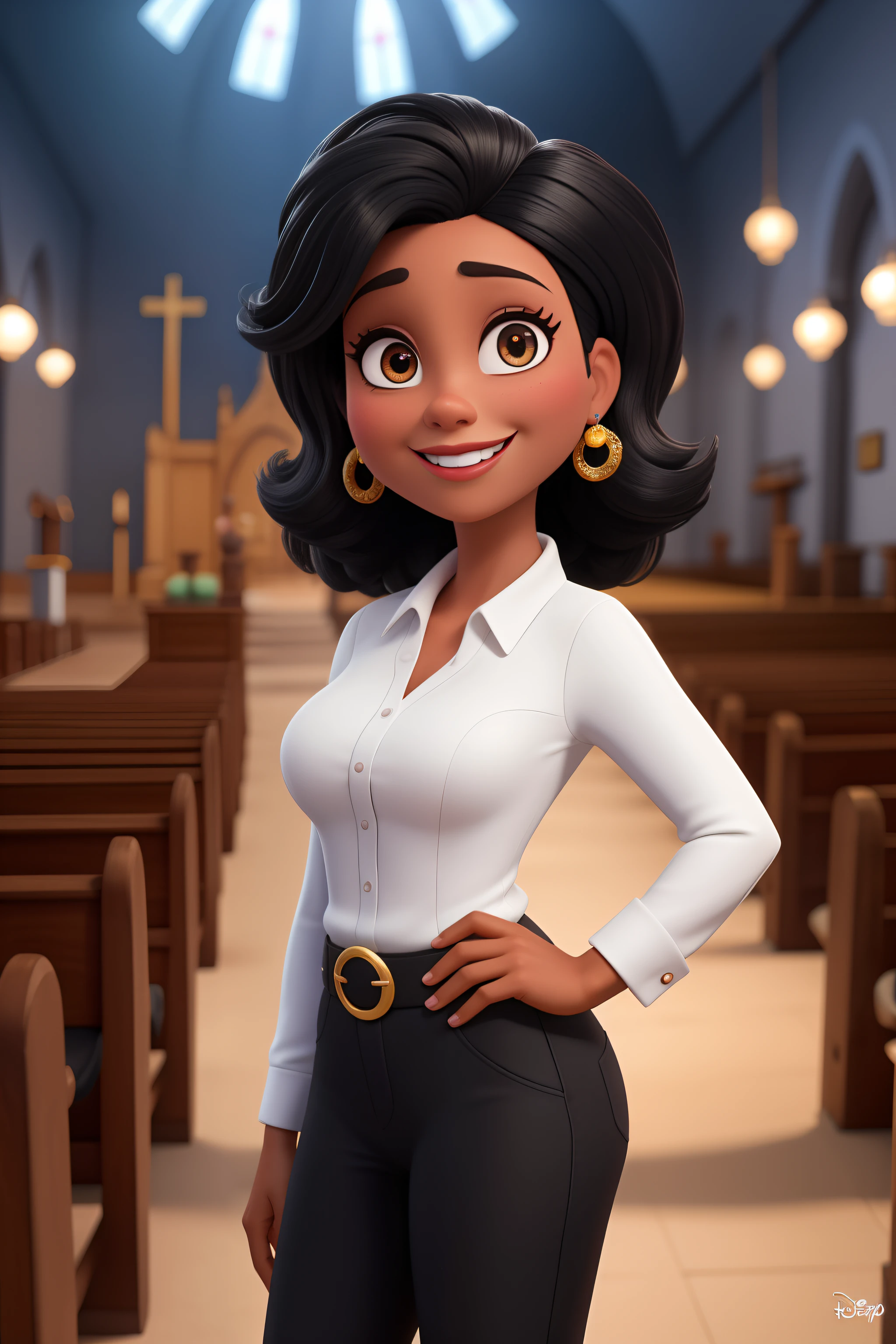Uma mulher negra de 40 anos, com cabelos castanhos, Rosto fino, com sorriso encantador, segurando um microfone, na igreja, e olhos castanhos, estilo Disney pixar, com cores brilhantes