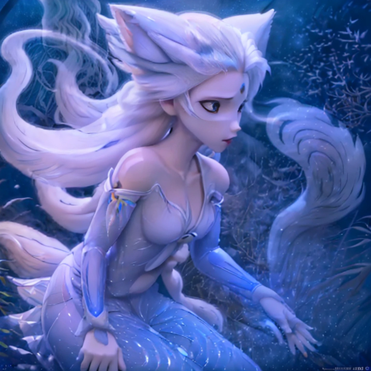 (Next to the anime girl with white-skinned fox ears before the full moon is a huge nine-tailed white fox:1.5), fantasia raposa amor, Raposa de cabelos brancos, anime raposa branca, anime fantasy illustration,(Fundo escuro da floresta,blue transparent smoke around:1.8), Arte de Silverfox,melhor qualidade, master part, ultrahigh-resolution, (fotografia realista:1.4), realismo ultrarrealista, Semelhante a um sonho,FusionArt, Shadow dancer, magia das sombras, darkeness, furtividade, passo da sombra, Umbral spells,