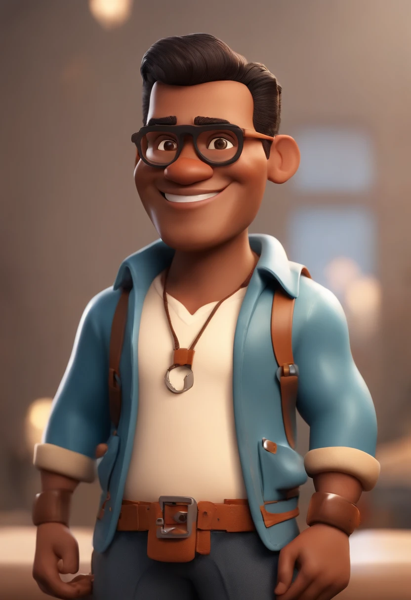 personagem dos desenhos animados de um homem gordinho de cabelos bem curtos, quase careca, de barba, de camiseta preta, Blue pants and a professional camera in hand, animation character, Caractere estilizado, animation style rendering, 3D estilizado, Arnold Maya render, 3 d render stylized, toon render keyshot, Personagem 3D, Personagem 3D, 3d rendering stylized, 3 d character render, personagem de desenho animado, Personagem de close up, Pose de personagem,  (Estilo Pixar) (master part:1.2) (Bokeh) (best quality) (pele detalhada) (textura detalhada) (8k) (argila) (Cinematic lighting) (foco nítido
