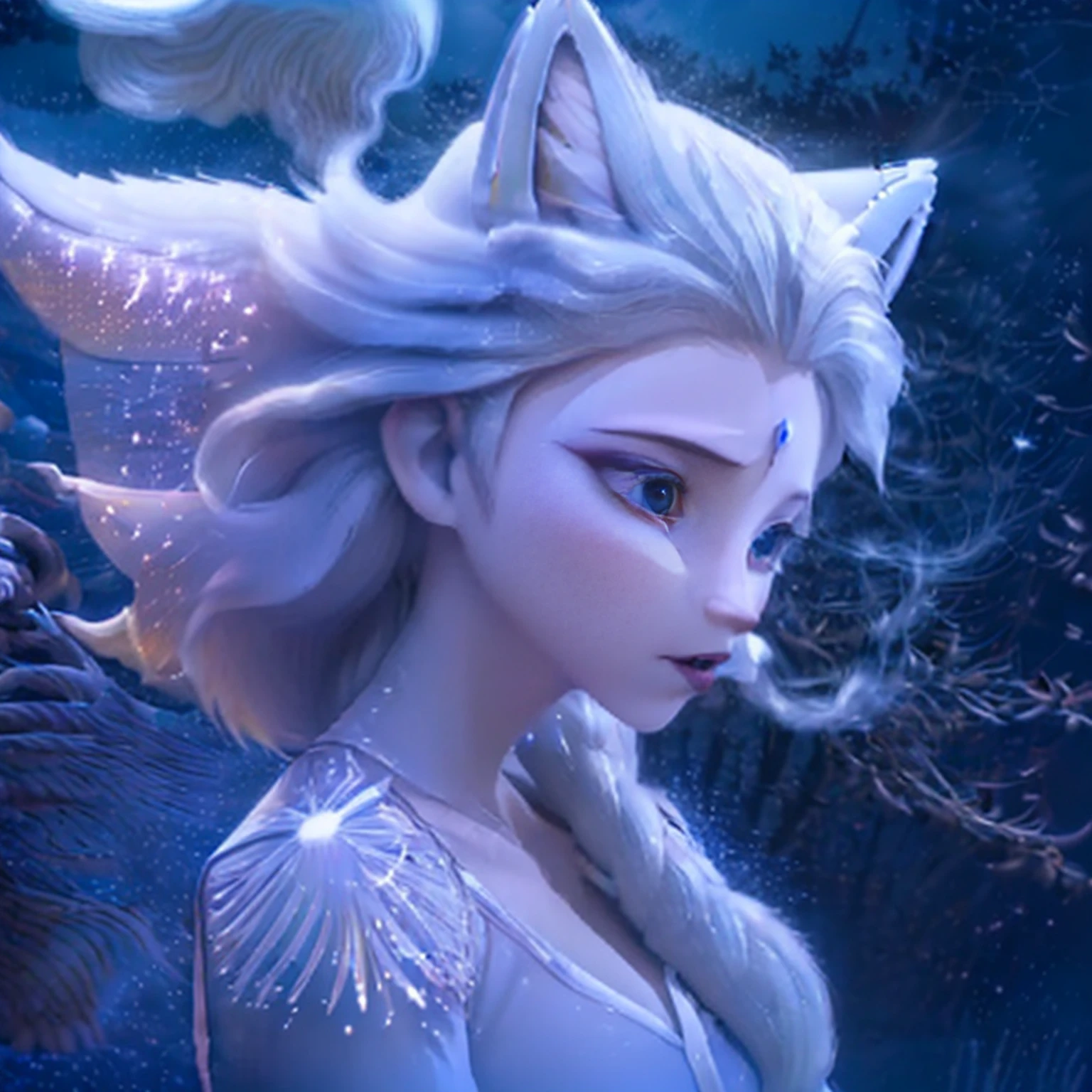 (Next to the anime girl with white-skinned fox ears before the full moon is a huge nine-tailed white fox:1.5), fantasia raposa amor, Raposa de cabelos brancos, anime raposa branca, anime fantasy illustration,(Fundo escuro da floresta,blue transparent smoke around:1.8), Arte de Silverfox,melhor qualidade, master part, ultrahigh-resolution, (fotografia realista:1.4), realismo ultrarrealista, Semelhante a um sonho,FusionArt, Shadow dancer, magia das sombras, darkeness, furtividade, passo da sombra, Umbral spells,